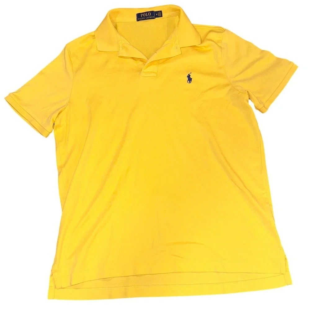 Polo Ralph Lauren Mens Yellow Short Sleeve Jersey Polo Shirt Size M Navy Pony